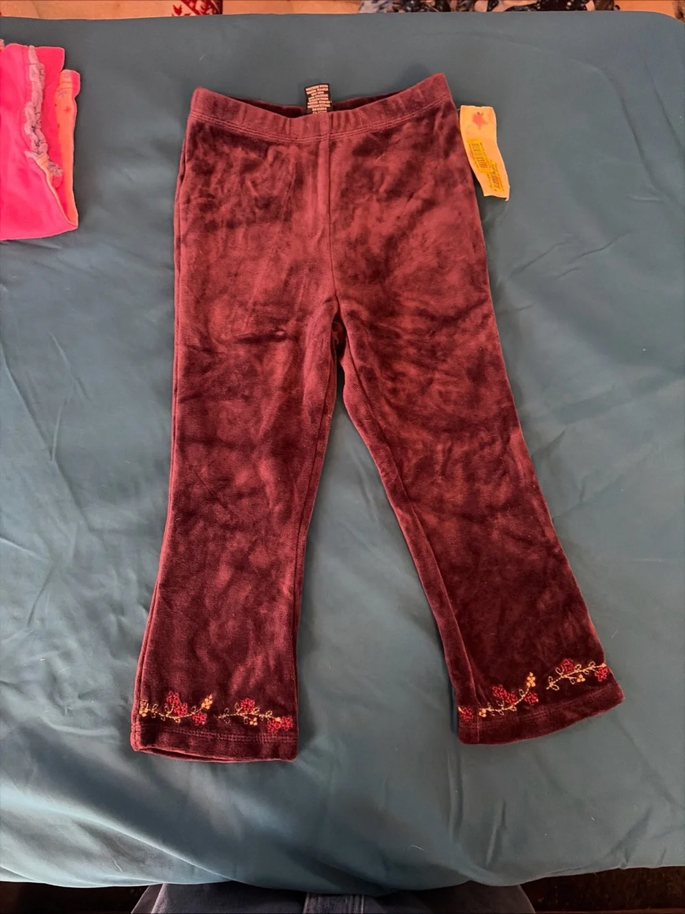 Ralph Lauren Kids Burgundy Plush Velvet Joggers with Floral Trim